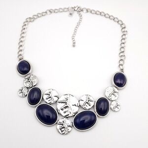 INC Silver Tone Blue Oval Bib Necklace Statement‎